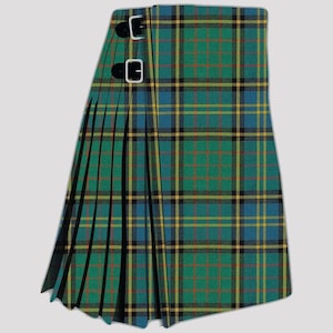 May include: A green, yellow and blue tartan kilt with black buckles.