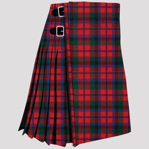 May include: A traditional kilt in a red, green, and blue plaid pattern. The kilt features pleats and leather straps with silver buckles. The fabric has a classic tartan design, showcasing a blend of vibrant colors and a structured silhouette.
