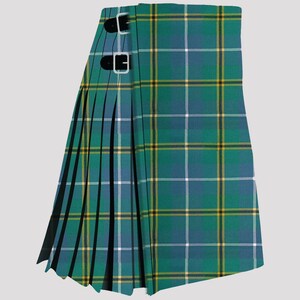 May include: A green, blue and yellow tartan kilt with black buckles.