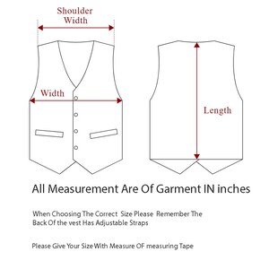 May include: Diagram showing how to measure a vest for size. The diagram shows the shoulder width, width, and length of the vest in inches. The text states that the back of the vest has adjustable straps.