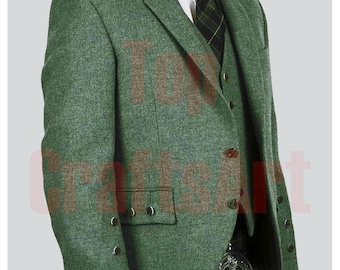 Handmade Scottish Lovat Green Tweed Argyll Kilt Jacket & Vest