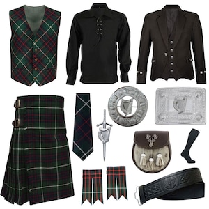May include: A traditional Scottish kilt outfit with a green and black plaid kilt, a black vest, a black shirt, a black jacket, a green and black plaid tie, a silver kilt pin, a silver kilt belt buckle, a brown sporran, a pair of black kilt hose, and a black leather kilt belt.