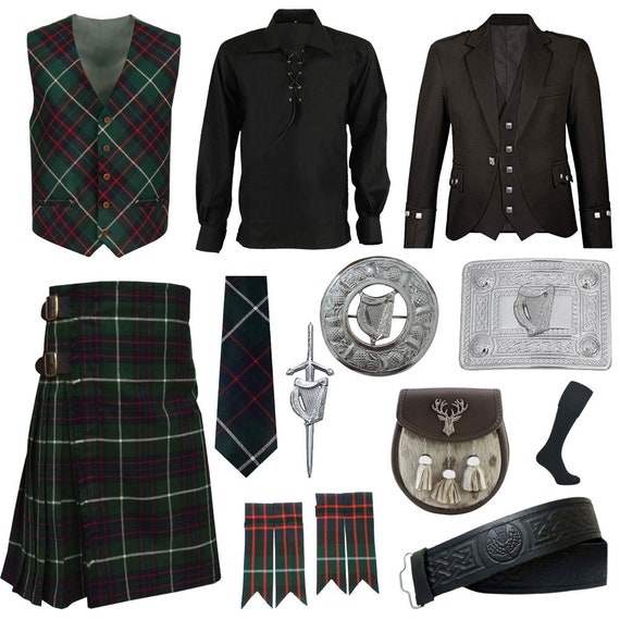 Handmade Clan Tartan Kilt Outfit: Scottish Prince Charlie Kilt Set