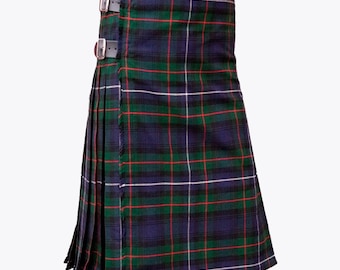May include: A traditional kilt with a green, blue, and red plaid pattern. The kilt has a pleated front and is secured with leather straps.