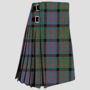 May include: A green, blue, and red tartan kilt with black accents and two silver buckles.