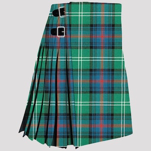 May include: A green, blue and red tartan kilt with black buckles.
