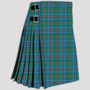 May include: A traditional kilt with a blue, green, red and white tartan pattern. The kilt has pleats and is secured with buckles.