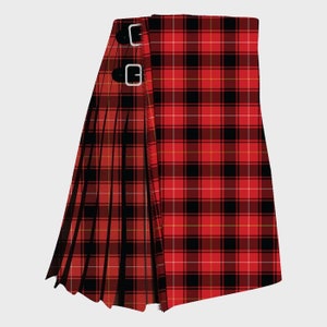 May include: A red, black and white tartan kilt with a leather strap and buckle.