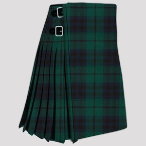 May include: A green and black plaid kilt with a black leather strap and silver buckles.