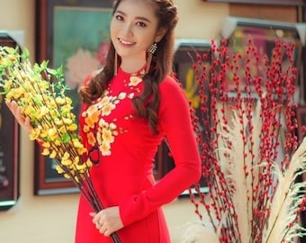 Pre-made Vietnamese Ao Dai Dress tet (Bộ áo dài may sẵn kèm quần, cổ tròn, tay lửng) Vietnamese traditional dress qipao cheongsam 3xl 5xl