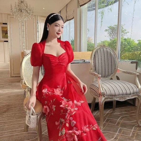 Pre-made Modern Vietnamese Ao Dai Organza Tet, Áo dài cách tân qipao cheongsam, luxury ao dai new year ao dai wedding ao dai