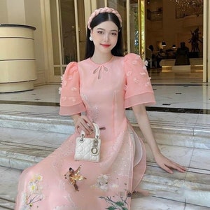 Pre-made Modern Vietnamese Ao Dai Organza Tet, Áo dài cách tân qipao cheongsam, luxury ao dai new year ao dai wedding ao dai