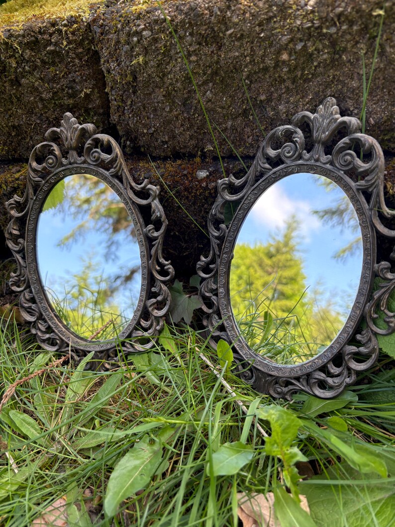 Pair of Two Vintage Oval Mirrors with Ornate Metal Frame FREE SHIPPING