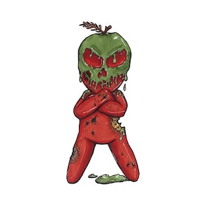 Könnte beinhalten: Cartoon-Illustration einer roten Figur mit einem grünen, apfelförmigen Kopf. Der Apfelkopf hat ein schädelähnliches Gesicht mit roten Augen und grünem, tropfendem Schleim. Die Figur hat die Arme verschränkt und einen Biss an der Seite.
