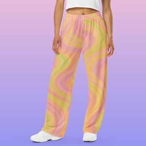 Pastel Psychedelic Swirl Lounge Pants: Y2K 70s Wide Leg Streetwear