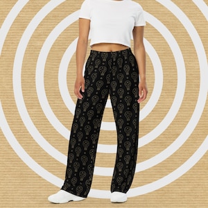 Celestial Lightbulb Doodle Wide-Leg Pants: Black & Gold Pajama Loungewear