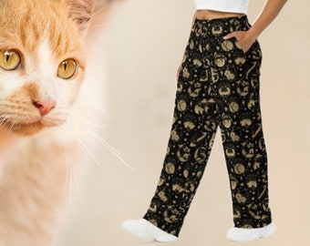 Celestial Cats AOP unisex wide-leg CUTE pants, Black & off-white soft Pajamas Pants, space Cats light cozy stars loungewear, Cat mom gifts