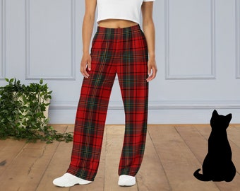 Plaid Red black green tartan print wide-leg pants, Casual pocket elastic waist loose cozy pants, Classic Retro Unisex checkered homewear