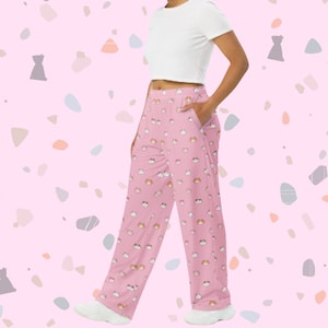 Cute Cat wide-leg Pink pants, Casual elastic waist with pockets loose pants, Kawaii kitty soft pajamas pants, Cat lover light cozy homewear