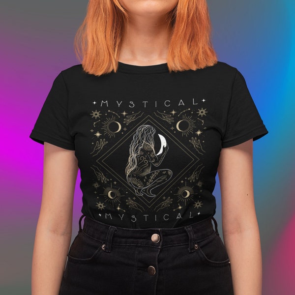 Mystical woman holding the moon shirt, Boho vintage moon sun and hands tshirt, golden moon phase magical tee, aesthetic celestial clothing