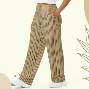 Hand-Painted Black Striped Brown Wide-Leg Pants | Earthy Boho Unisex Trousers | Summer Lounge Travel Pants with Pockets & Elastic Waist