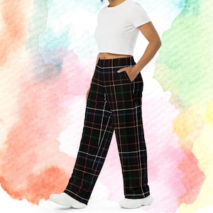 Rainbow Plaid Wide-Leg Pants: Unisex Tartan Pajama Bottoms