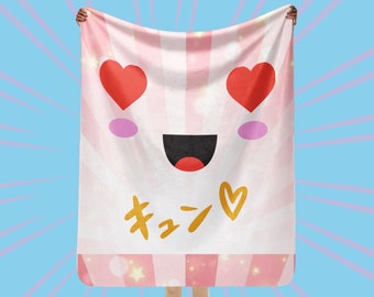 Manga Smiling Face with Heart-Shaped Eyes Sherpa blanket, Kawaii Anime decor, Comic lover Hearts Throw blanket, Cute Bed Sofa TV blanket