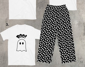 Ghosts cartoon black white print wide-leg pants, Casual pocket elastic waist loose cozy pants, two-tone Unisex minimalist homewear