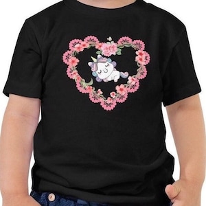 Sleeping unicorn in lace floral heart frame T-shirt For Child cute sweet Gift For Fantasy Magic Animal cartoon lover Floral romantic Shirt