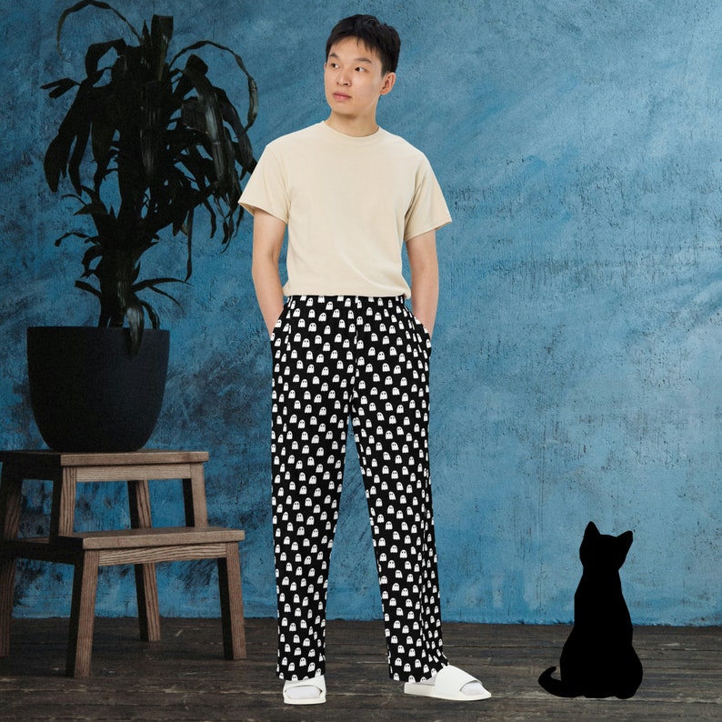 Ghosts cartoon black white print wide-leg pants, Casual pocket elastic waist loose cozy pants, two-tone Unisex minimalist homewear zdjęcie 7