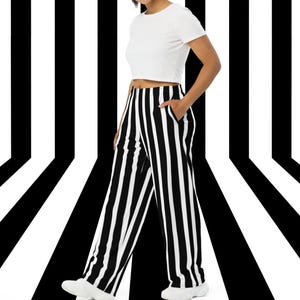 Striped Wide-Leg Pants: Black & White Vertical Print, Elastic Waist