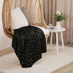 Constellation Black Gold Sherpa, Astral minimal AOP Decke, Nachthimmel Dekor, Astronomie Liebhaber Decke, Cosmic Bed Sofa TV Decke