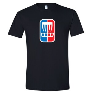 May include: Black t-shirt with a white disc golf basket logo on a red and blue background.