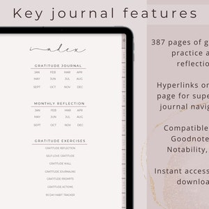 May include: Digital gratitude journal displayed on a tablet. The journal features an index, monthly reflection, and gratitude exercises. Text highlights 387 pages of gratitude practice, hyperlinks for easy navigation, and compatibility with Goodnotes and Notability. Instant digital download.