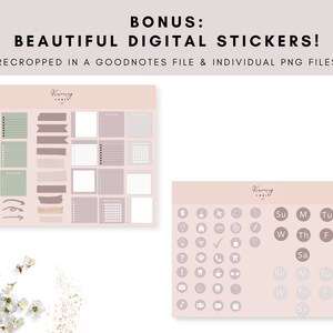 Op de afbeelding: Een set digitale stickers voor gebruik in Goodnotes en andere notitie-apps. De stickers zijn in een roze en witte kleurstelling en omvatten een verscheidenheid aan vormen, waaronder cirkels, vierkanten en rechthoeken. De stickers bevatten ook tekst, zoals "Su", "M", "Tu", "W", "Th", "F" en "Sa".