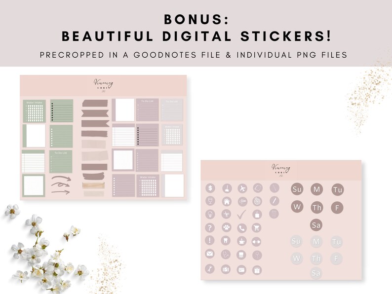 Op de afbeelding: Een set digitale stickers voor gebruik in Goodnotes en andere notitie-apps. De stickers zijn in een roze en witte kleurstelling en omvatten een verscheidenheid aan vormen, waaronder cirkels, vierkanten en rechthoeken. De stickers bevatten ook tekst, zoals "Su", "M", "Tu", "W", "Th", "F" en "Sa".