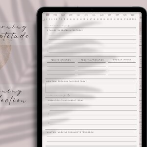 May include: A digital planner displayed on a tablet. The screen shows a daily journal layout with sections for gratitude, intentions, affirmations, and reflections. The text "morning gratitude" and "evening reflection" are visible.