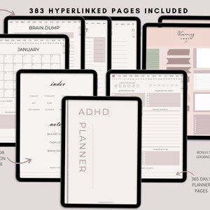 Op de afbeelding: Een digitale planner voor mensen met ADHD. De planner bevat 383 gelinkte pagina's, een brain dump-sectie, maandelijkse en dagelijkse plannerpagina's, een notitiesectie, een takenlijst en een bucketlist. De planner is ontworpen om mensen met ADHD te helpen georganiseerd en op schema te blijven.