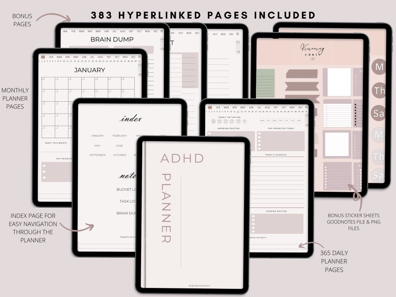 Op de afbeelding: Een digitale planner voor mensen met ADHD. De planner bevat 383 gelinkte pagina's, een brain dump-sectie, maandelijkse en dagelijkse plannerpagina's, een notitiesectie, een takenlijst en een bucketlist. De planner is ontworpen om mensen met ADHD te helpen georganiseerd en op schema te blijven.
