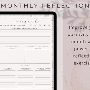 May include: Digital planner on a tablet with the text "MONTHLY REFLECTION" at the top. The planner includes sections for gratitude, accomplishments, and intentions. The word "August" is written in cursive. The background is a soft beige with a floral design.