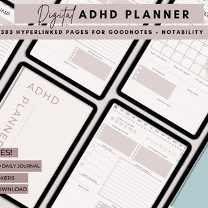 Op de afbeelding: Digitale ADHD-planner met 383 gelinkte pagina's voor Goodnotes en Notability. De planner heeft een lichtroze en wit kleurenschema met een minimalistisch ontwerp. De planner bevat een maandelijkse kalender, dagelijkse plannerpagina's en een braindump-pagina.