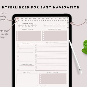 Op de afbeelding: Een digitale planner op een tabletscherm met een kalender, een dagelijks schema, een maaltijdplan en een gewoontetracker. De planner is ontworpen voor eenvoudige navigatie met hyperlinks.