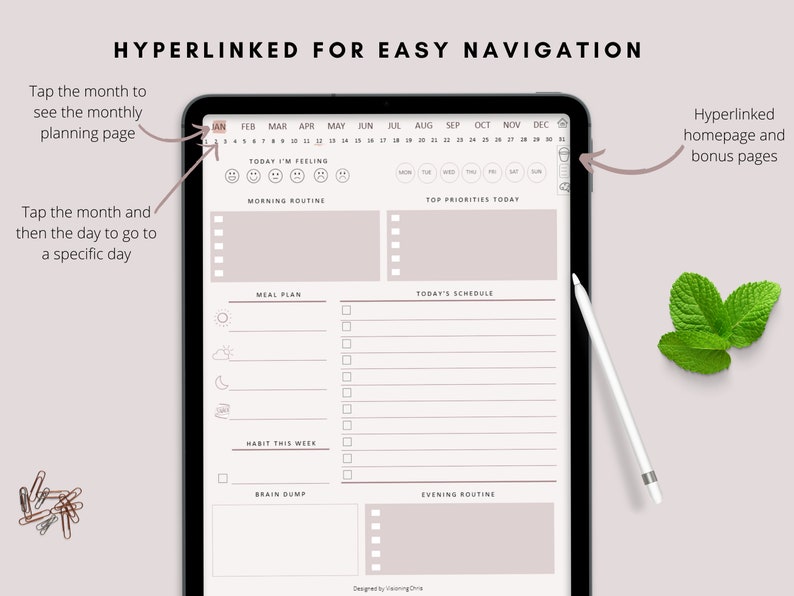 Op de afbeelding: Een digitale planner op een tabletscherm met een kalender, een dagelijks schema, een maaltijdplan en een gewoontetracker. De planner is ontworpen voor eenvoudige navigatie met hyperlinks.