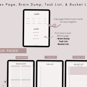 Op de afbeelding: Een digitale planner met een indexpagina, een notitiesectie, een braindump, een takenlijst en een bucketlist. De indexpagina heeft links naar elke maand voor eenvoudige navigatie. De bonuspagina's omvatten een braindump, een takenlijst en een bucketlist.