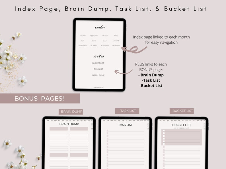 Op de afbeelding: Een digitale planner met een indexpagina, een notitiesectie, een braindump, een takenlijst en een bucketlist. De indexpagina heeft links naar elke maand voor eenvoudige navigatie. De bonuspagina's omvatten een braindump, een takenlijst en een bucketlist.