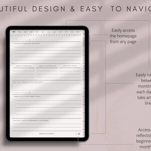 May include: A digital planner displayed on a black tablet. The screen shows a daily planning layout with sections for gratitude, intentions, and affirmations. Text at the top reads "BEAUTIFUL DESIGN & EASY TO NAVIGATE".