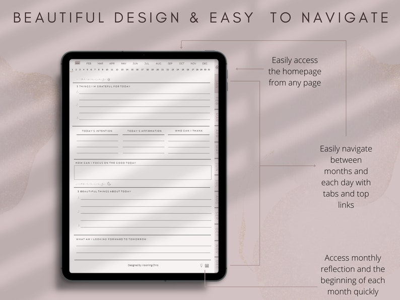 May include: A digital planner displayed on a black tablet. The screen shows a daily planning layout with sections for gratitude, intentions, and affirmations. Text at the top reads "BEAUTIFUL DESIGN & EASY TO NAVIGATE".