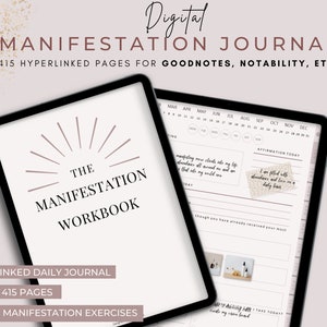 Op de afbeelding: Een digitaal manifestatiejournaal met meer dan 415 pagina's en 36 oefeningen. Het journaal wordt weergegeven op een tablet met een witte stylus ernaast. Het journaal bevat een kalender, dagelijkse affirmaties en een sectie voor het manifesteren van meer overvloed.