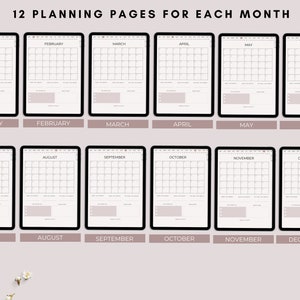 Op de afbeelding: Twaalf afdrukbare maandelijkse kalenderpagina's voor planning. Elke pagina heeft een eenvoudige rasterindeling met een lege ruimte onderaan voor notities.
