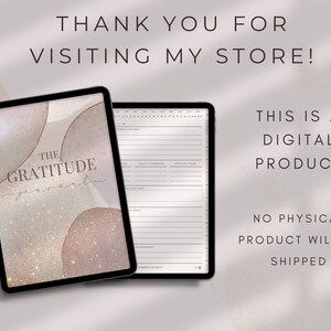 May include: Two black tablets displaying a digital gratitude journal. The journal cover has a watercolor design with the text "The Gratitude Journal." The image also includes the text "Thank you for visiting my store!" and "This is a digital product."
